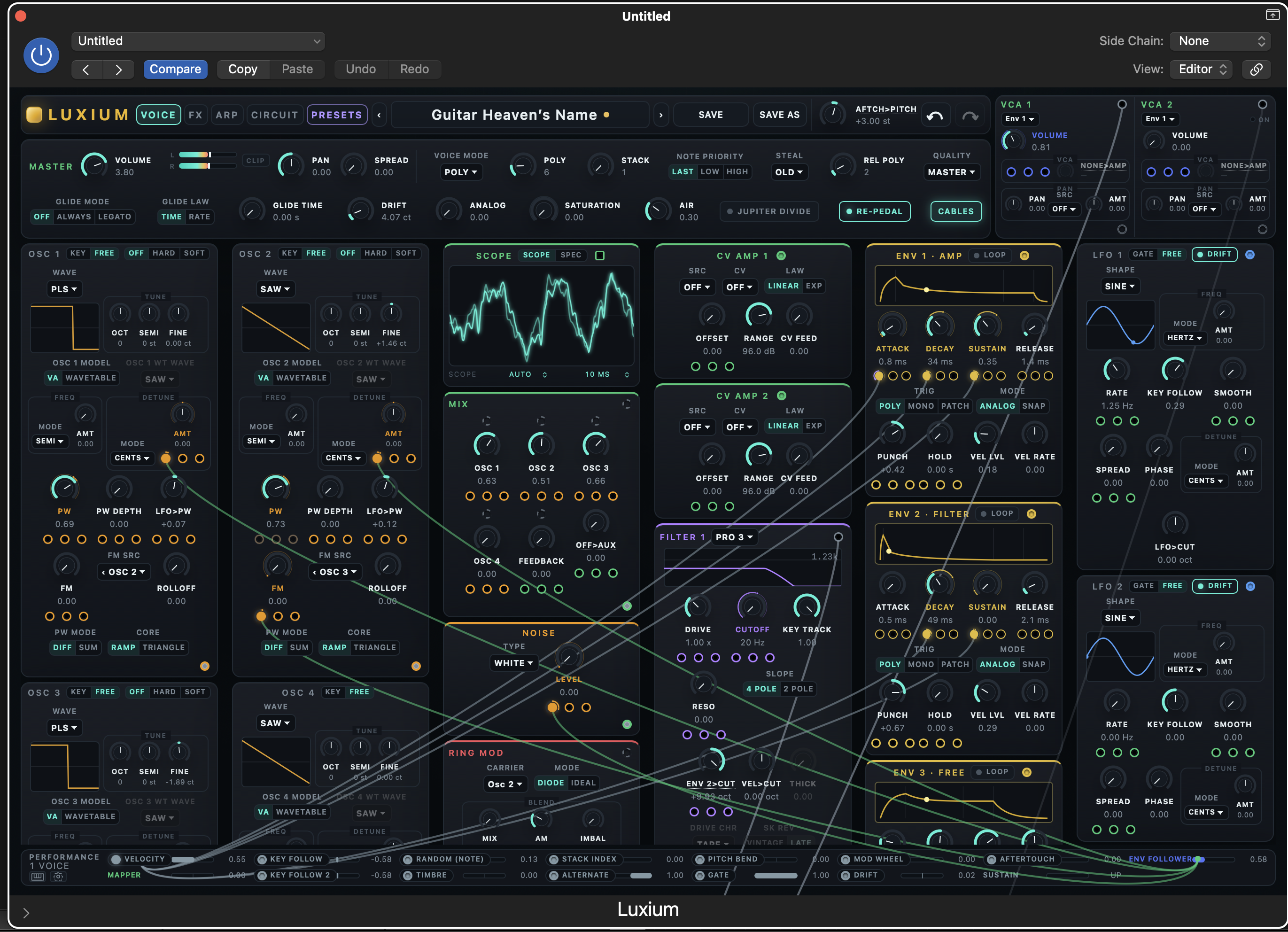 Luxium modular synthesizer interface with four oscillators, patch cables, scope, mixer, CV amps, filters, envelopes, and LFOs