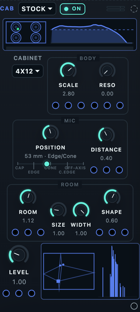 Cab module: cabinet choice, Scale, mic Position and Distance, Room controls