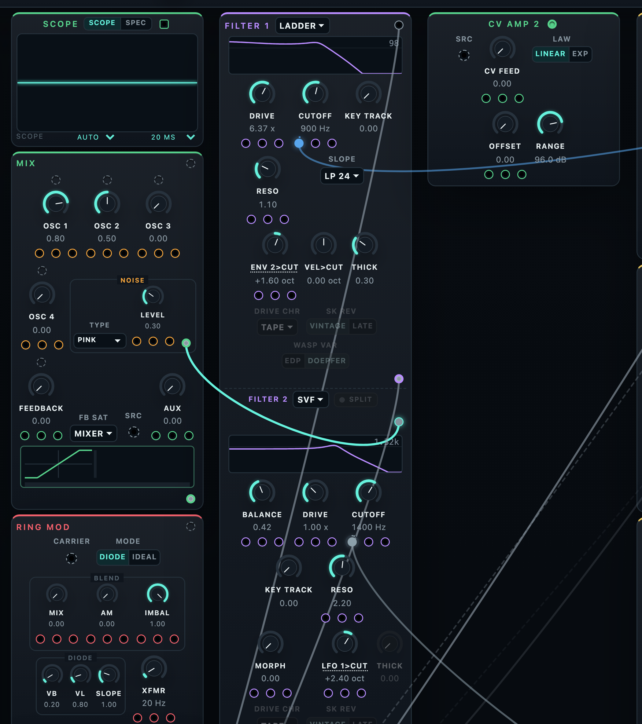 Cables drawn between the mixer, filters, envelopes, and CV amps on the Voice page