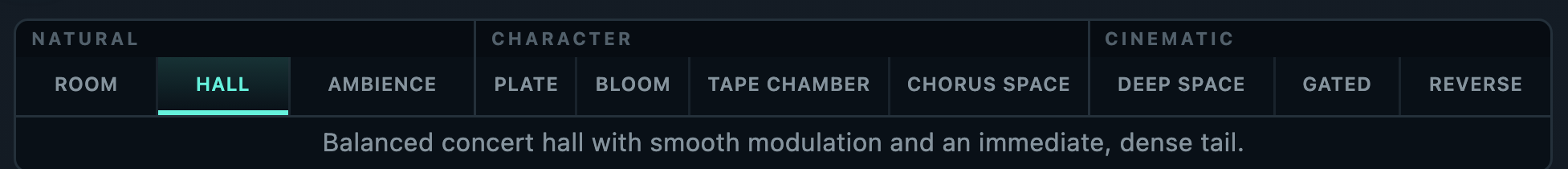 LushVerb algorithm selector: Room, Hall, Ambience, Plate, Bloom, Tape Chamber, Chorus Space, Deep Space, Gated, Reverse