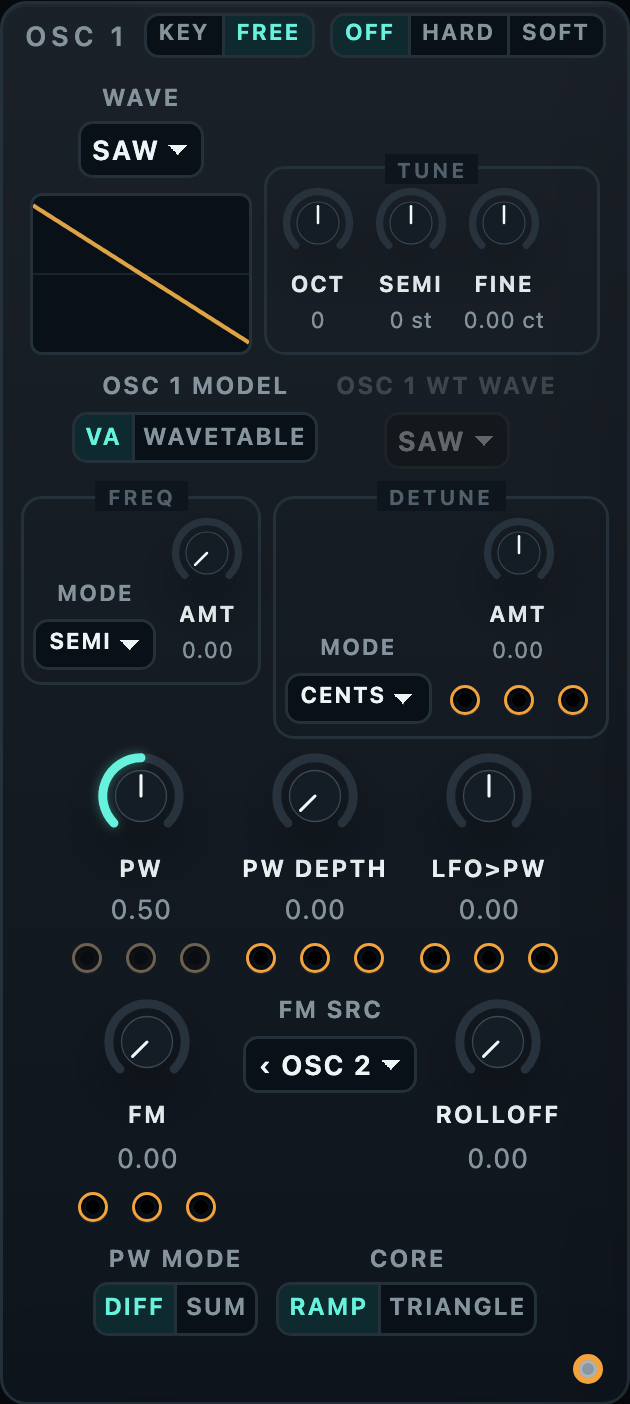 Osc 1 module: waveform, Tune, model, Freq and Detune modes, pulse width, FM